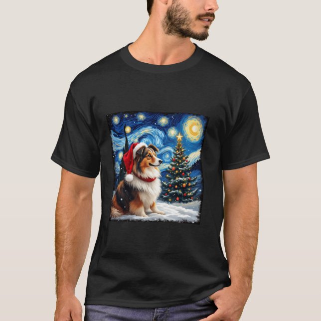 Shetland Sheepdog Starry Night Christmas Van Gogh  T-Shirt (Vorderseite)