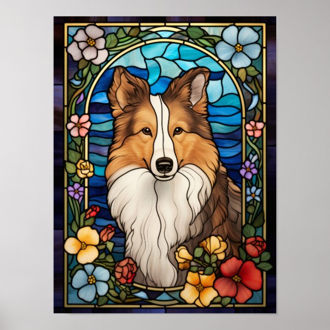Shetland Sheepdog und Blumen Buntglasfenster Poster (Vorne)