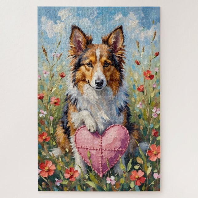 Shetland Sheepdog Valentine's Day Heart Pillow Puzzle (Vertikal)