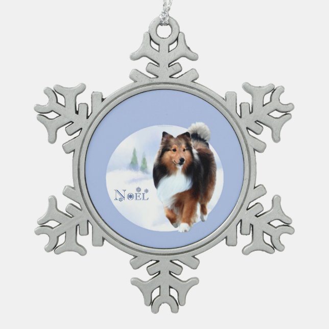 Shetland Sheepdog Weihnachten Schlüsselanhänger Schneeflocken Zinn-Ornament (Vorderseite)