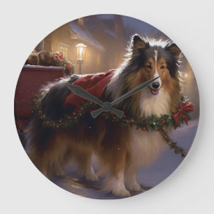 Shetland Sheepdog Weihnachtsfeiertage Große Wanduhr