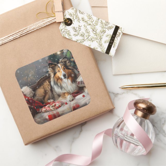 Shetland Sheepdog Weihnachtsfest Quadratischer Aufkleber (Schenken)