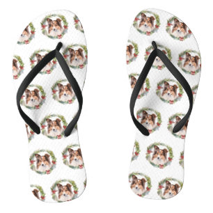 Shetland Sheepdog Weihnachtskranz Festiver Hund Flip Flops