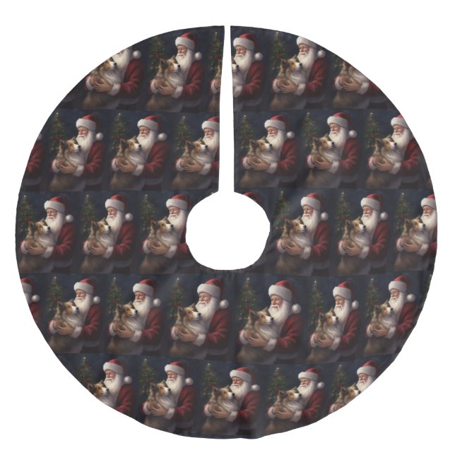 Shetland Sheepdog Weihnachtsmann Weihnachten Polyester Weihnachtsbaumdecke (Vorderseite)