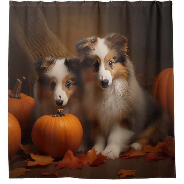Shetland Sheepdog Welpe Autumn Delight Pumpen Duschvorhang (Vorderseite)