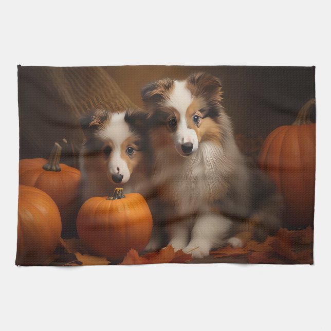 Shetland Sheepdog Welpe Autumn Delight Pumpen Geschirrtuch (Horizontal)
