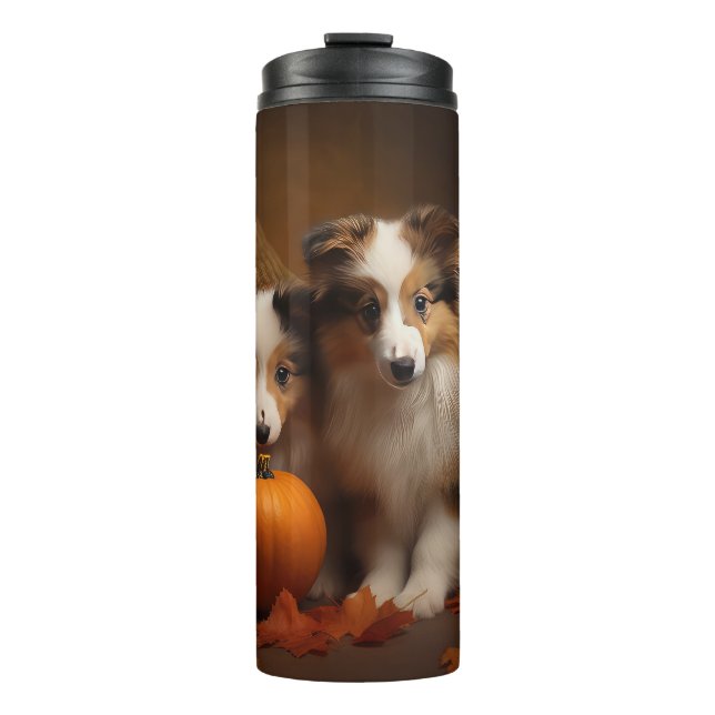 Shetland Sheepdog Welpe Autumn Delight Pumpen Thermosbecher (Vorderseite)