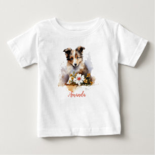 Shetland Sheepdog Welpe Haustier Wasserfarbe Blume Baby T-shirt