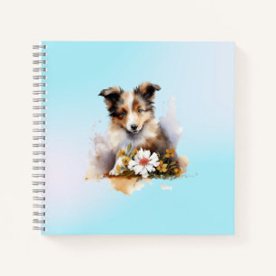 Shetland Sheepdog Welpe Haustier Wasserfarbe Blume Notizbuch