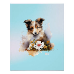 Shetland Sheepdog Welpe Haustier Wasserfarbe Blume Poster