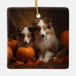 Shetland Sheepdog Welpe Herbstfreude Kürbis Keramikornament