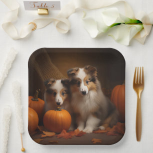 Shetland Sheepdog Welpe Herbstfreude Kürbis Pappteller