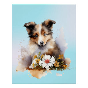 Shetland Sheepdog Welpen Haustier Wasserfarbe Blum Poster
