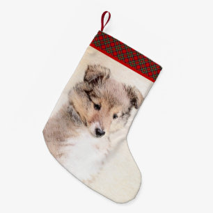 Shetland Sheepdog Welpenmalerei Original Hundekuns Kleiner Weihnachtsstrumpf