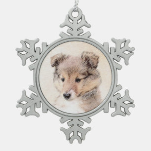 Shetland Sheepdog Welpenmalerei Original Hundekuns Schneeflocken Zinn-Ornament