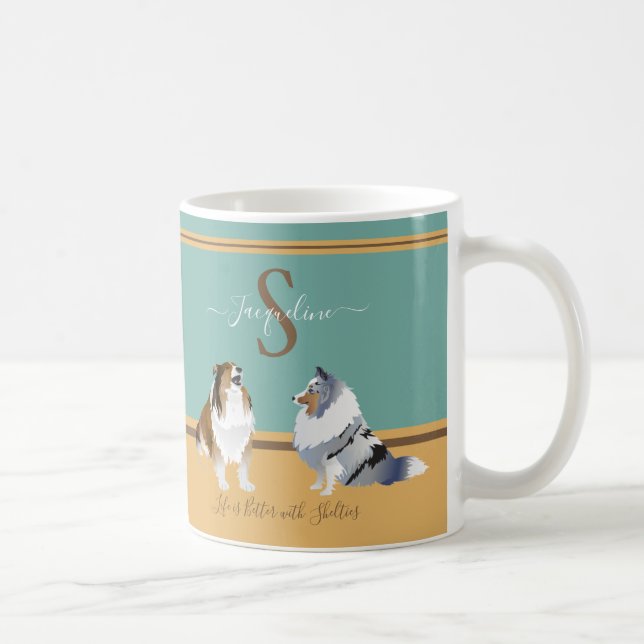 Shetland Sheepdogs, Shelties, on Green & Yellow Kaffeetasse (Rechts)