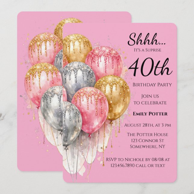 Shh Surprise Birthday Party in Pink Silver & Gold Einladung (Vorne/Hinten)