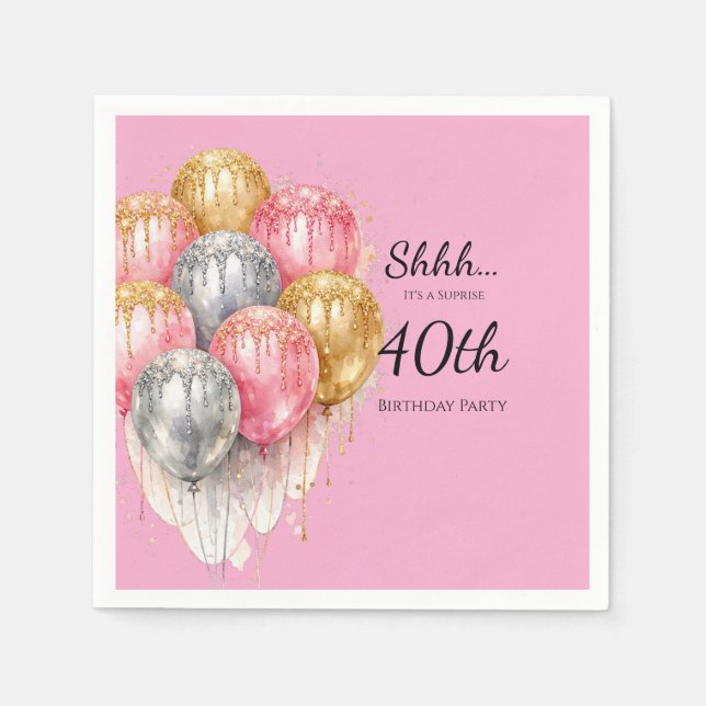 Shhh Surprise Pink Silver and Gold Birthday Party Serviette (Vorderseite)