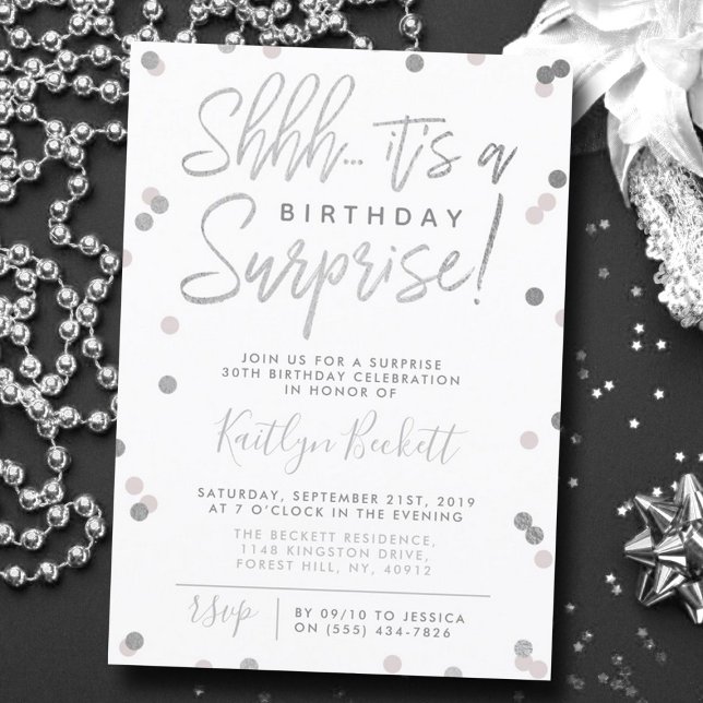 Shhh... Überraschung Geburtstag Silver Foil Confet Einladung (Von Creator hochgeladen)