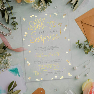 Shhh... Überraschung Geburtstagsparty Gold Foil Co Acryleinladungen