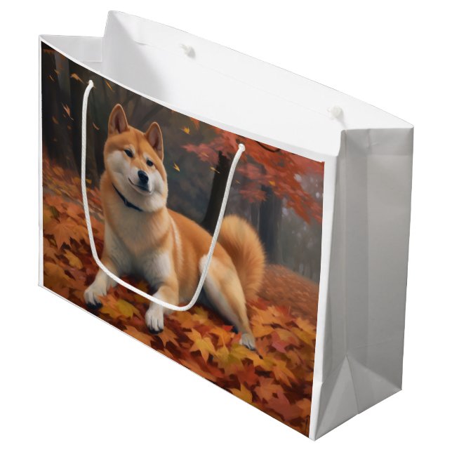 Shib Inu im Herbst Leaves Fall Inspiriert Große Geschenktüte (Vorderseite Schrägansicht)