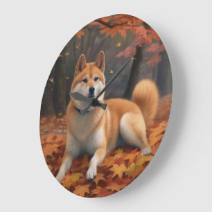 Shib Inu im Herbst Leaves Fall Inspiriert Große Wanduhr