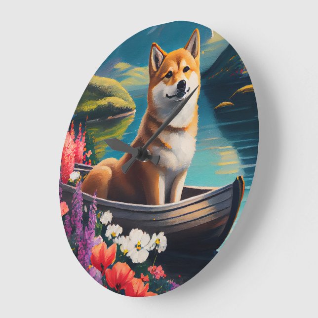 Shiba Inu auf einem Paddle: Ein Landschaftliches A Große Wanduhr (Winkel)