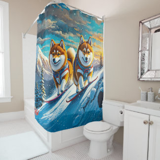 Shiba Inu auf Snowboards 02 Design: Rich AMeN Gill Duschvorhang