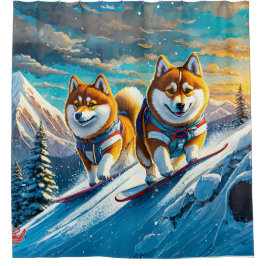 Shiba Inu auf Snowboards 02 Design: Rich AMeN Gill Duschvorhang