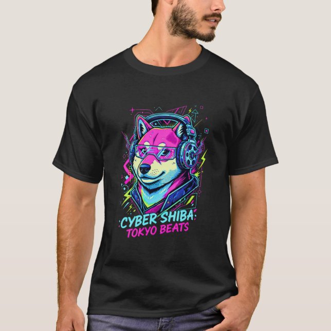 Shiba Inu Cassette DJ - Neon Cyberpunk Tokyo T-Shirt (Vorderseite)