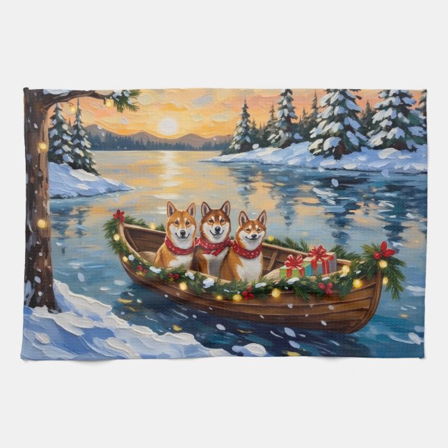 Shiba Inu Christmas Boat Holiday Geschirrtuch (Horizontal)