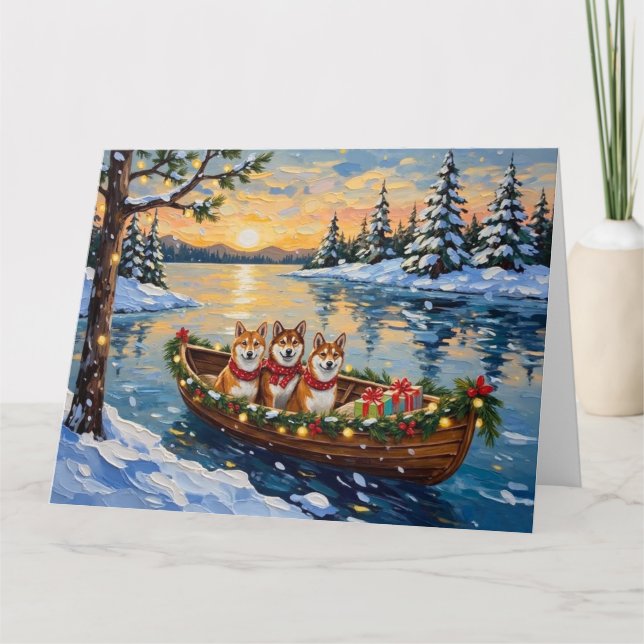 Shiba Inu Christmas Boat Holiday Karte (Vorderseite)