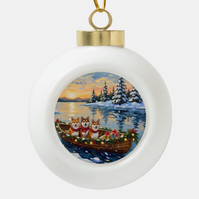 Shiba Inu Christmas Boat Holiday Keramik Kugel-Ornament (Vorderseite)