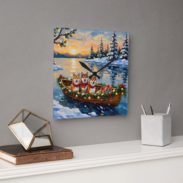 Shiba Inu Christmas Boat Holiday Quadratische Wanduhr (Büro)