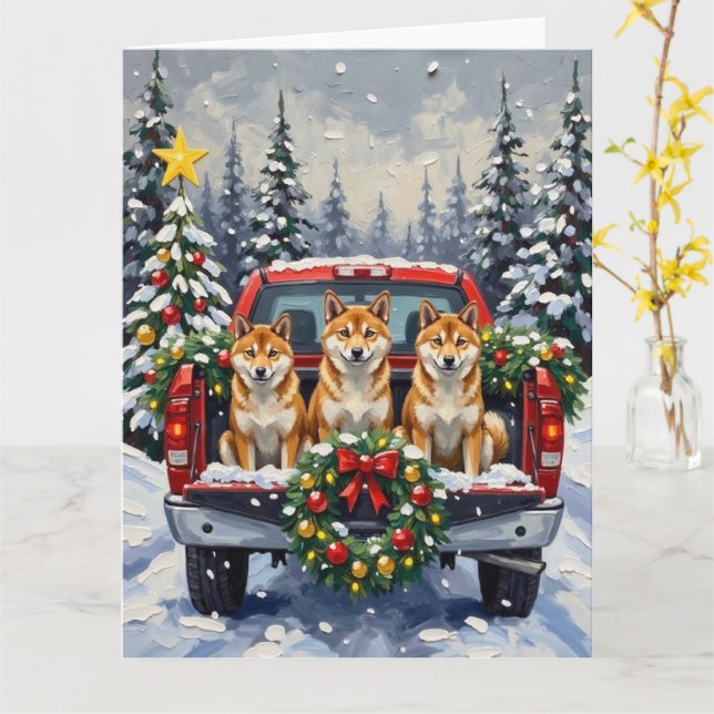 Shiba Inu Christmas Red Truck Holiday Karte (Gelbe Blume)