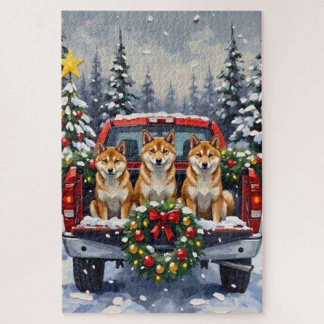 Shiba Inu Christmas Red Truck Holiday Puzzle (Vertikal)