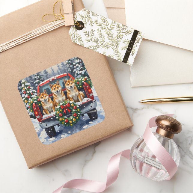 Shiba Inu Christmas Red Truck Holiday Quadratischer Aufkleber (Schenken)