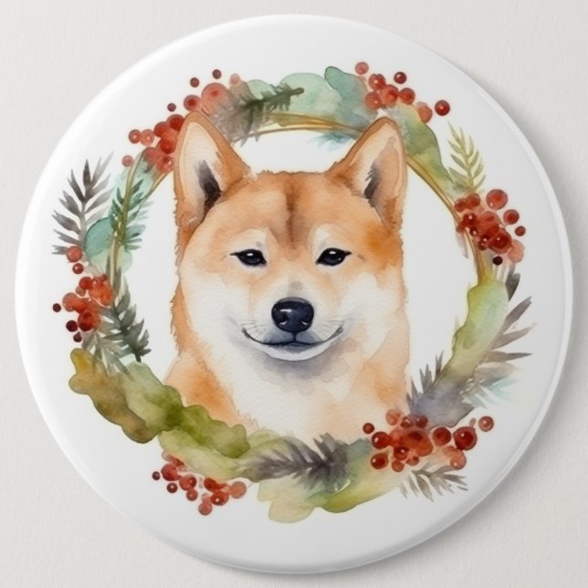 Shiba Inu Christmas Wreath Festivals Button (Vorderseite)