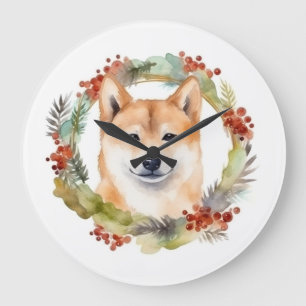 Shiba Inu Christmas Wreath Festivals Große Wanduhr