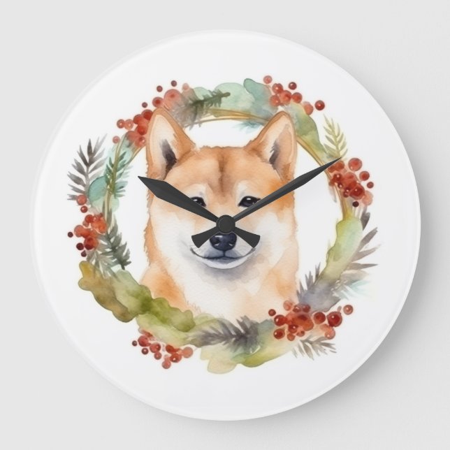 Shiba Inu Christmas Wreath Festivals Große Wanduhr (Vorderseite)
