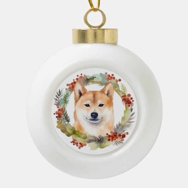 Shiba Inu Christmas Wreath Festivals Keramik Kugel-Ornament (Vorderseite)
