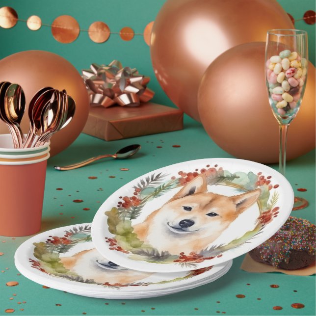 Shiba Inu Christmas Wreath Festivals Pappteller (Multi)