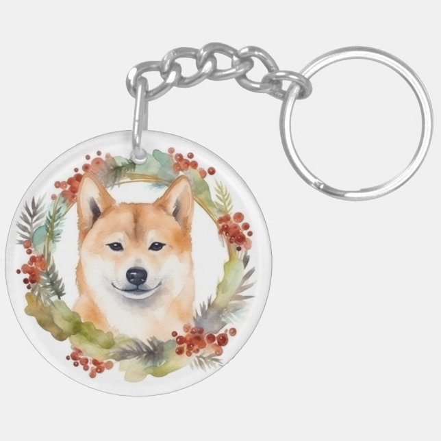 Shiba Inu Christmas Wreath Festivals Schlüsselanhänger (Rückseite komplett)