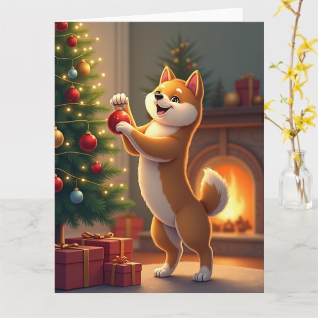 Shiba Inu Decorating the Christmas Tree Painting Karte (Gelbe Blume)