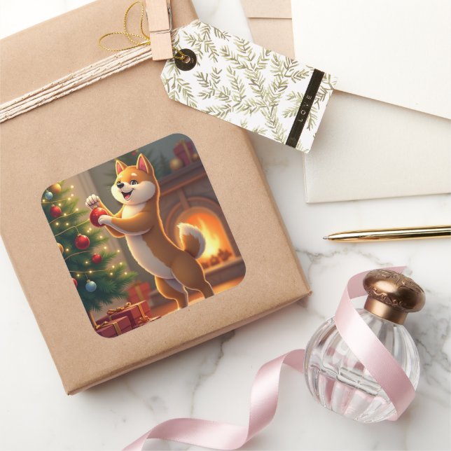 Shiba Inu Decorating the Christmas Tree Painting Quadratischer Aufkleber (Schenken)