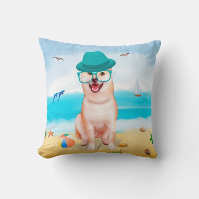 Shiba Inu Dog am Strand Kissen (Vorderseite)
