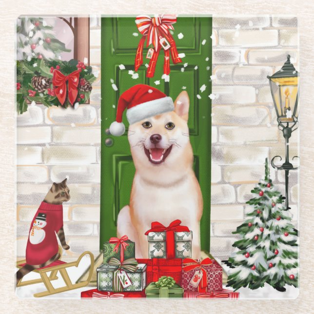 Shiba Inu Dog Christmas Glasuntersetzer (Vorderseite)