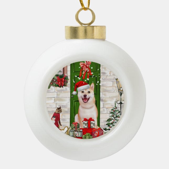 Shiba Inu Dog Christmas Keramik Kugel-Ornament (Vorderseite)