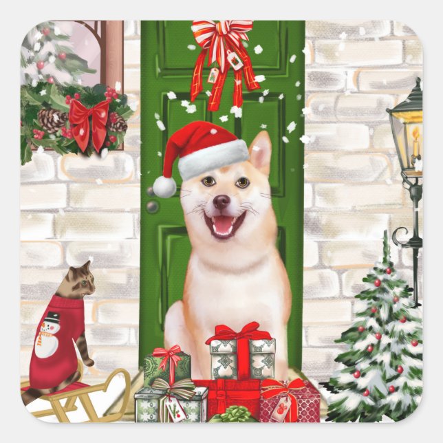 Shiba Inu Dog Christmas Quadratischer Aufkleber (Vorderseite)