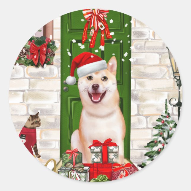 Shiba Inu Dog Christmas Runder Aufkleber (Vorderseite)
